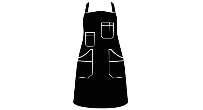Black apron with multiple pockets in minimalist silhouette style on white background