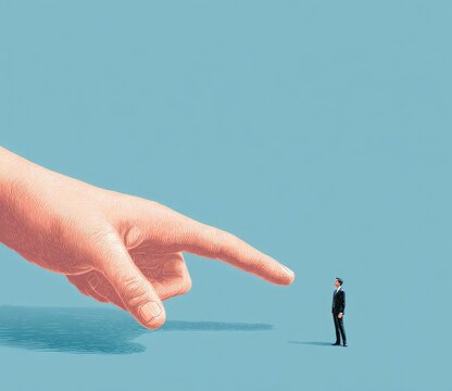 Giant Finger Points Accusatorily at Tiny Businessman.
