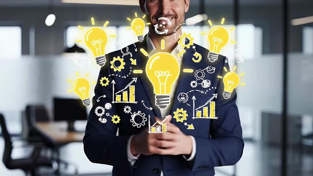 A smiling businessman in a suit gestures with his hands as glowing lightbulbs float around him, symbolizing innovation and creative ideas in a modern office setting.