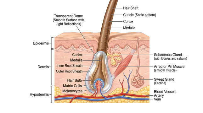 Cross‑section of skin showing epidermis, dermis and hypodermis with detailed hair follicle including shaft, root, bulb, matrix cells, inner and outer root sheaths, sebaceous gland, arrector pili muscl