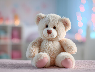 Fototapeta premium Teddy bear sits on a soft surface in a cozy room with colorful lights in the background during evening hours