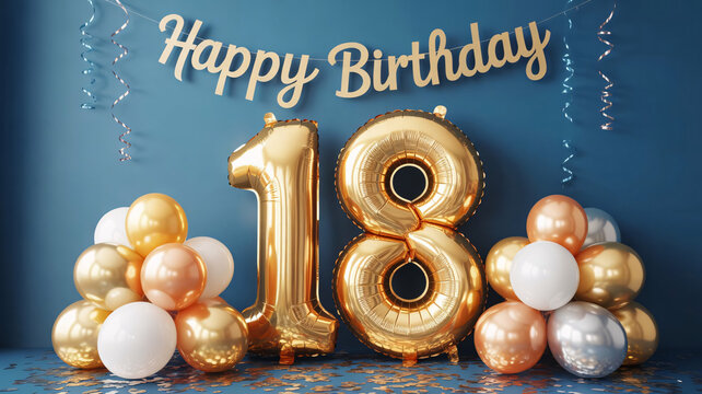 Birthday celebration, 18th anniversary party, gold balloons, Happy Birthday decoration