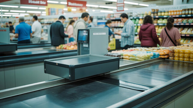 Self-service checkout, supermarket conveyor belt, grocery store payment, retail technology