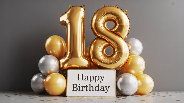 Birthday celebration, 18th anniversary party, gold balloons, Happy Birthday sign, metallic orbs
