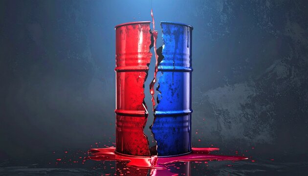 A dramatic digital artwork of a large metal barrel split vertically down the middle. One half is painted red, the other half painted blue. A bright crack runs through the center, emitting light and en