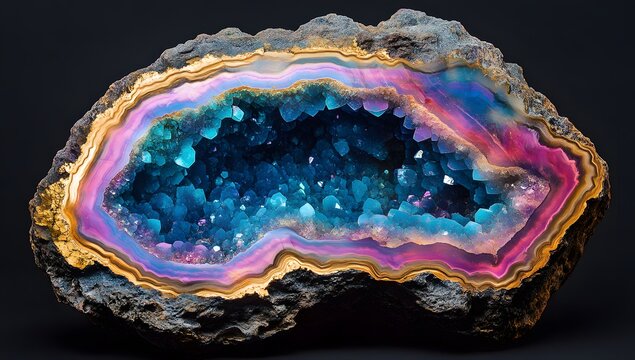 Colorful geode crystal slice with blue and pink iridescent tones