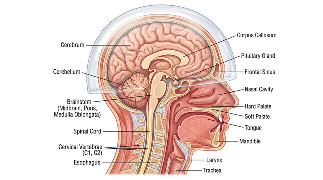 Sagittal section of human head and neck illustrating cerebrum, corpus callosum, cerebellum, brainstem, pituitary gland, spinal cord, nasal cavity, oral cavity, tongue, mandible, larynx, trachea and ce