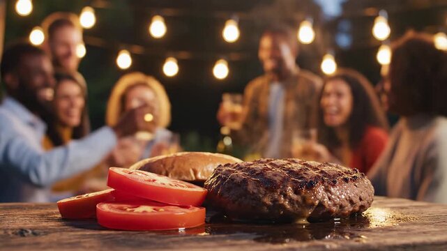 Friends cooking hamburgers outdoors at night under string lights