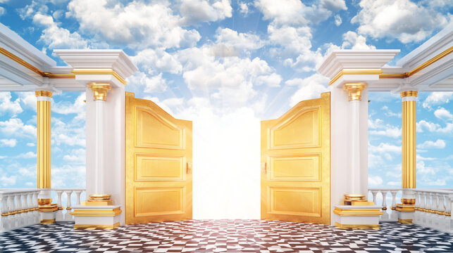 A bright and beautiful golden doorway with open doors under a blue sky
