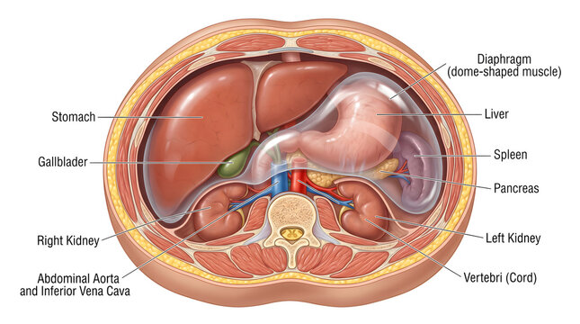 Upper abdominal transverse cross‑section showing dome‑shaped diaphragm over liver, stomach, spleen and pancreas with both kidneys, abdominal aorta, inferior vena cava and vertebral body to demonstrate