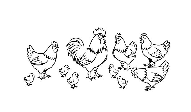 Black and white cartoon chicken family vector set with rooster hens and chicks isolated on white background