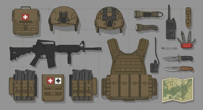 Military tactical gear set with assault rifle combat vest helmet and first aid kit illustration in neutral tones
