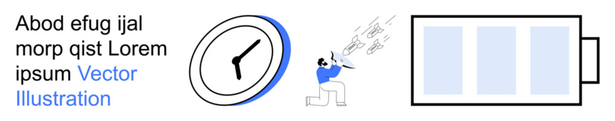 Time management, creativity, energy conservation, productivity, abstract art, efficiency. Clock and battery symbols with a figure blowing musical notes. Time management and creativity © robu_s