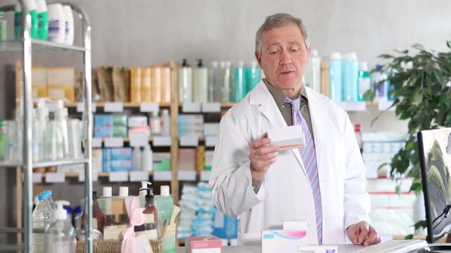 Senior man pharmacist at computer communicate with female client. Employee answers visitors questions, interprets doctors prescription, selects available drugs for treatment regimen