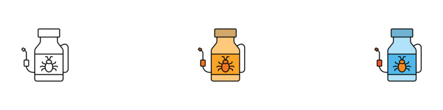 Pest control icon set. Bug spray and insecticide symbols for home hygiene. Vector illustrations of chemical sprayer bottle for extermination of cockroaches, ants and garden pests.