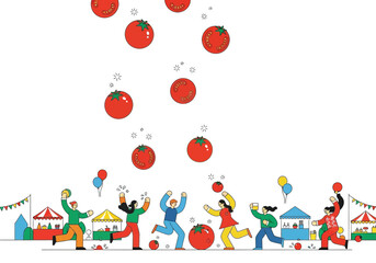 Fototapeta premium People enjoying a tomato throwing festival with food stalls and balloons.