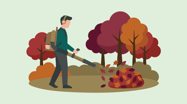 Man using a leaf blower for autumn yard work, surrounded by fall trees