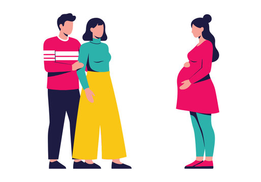 Surrogacy Concept Illustration Featuring a Couple Meeting a Pregnant Surrogate Mother or Birth Parent for Adoption and Family Planning