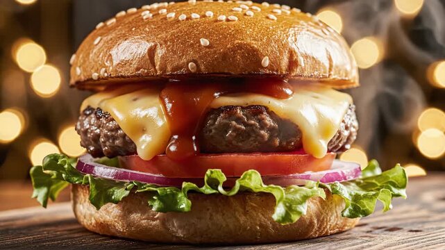 Gourmet cheeseburger with melted cheese, fresh vegetables on wooden table.