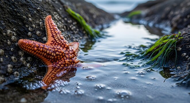 Close up of an orange starfish on a rock in a tide pool with clear water and seaweed on the beach.