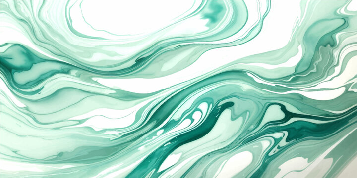 Abstract background of emerald watercolor flow of paint with liquid marble texture of green tones with soft transitions, suitable for wallpaper and design.