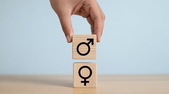 Equality, gender symbols, wooden blocks, hand stacking, social issues concept