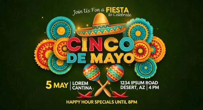 Fiesta invitation for cinco de mayo celebration with happy hour details