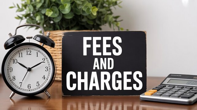 Business finance concept, fees and charges sign, office desk with clock and calculator