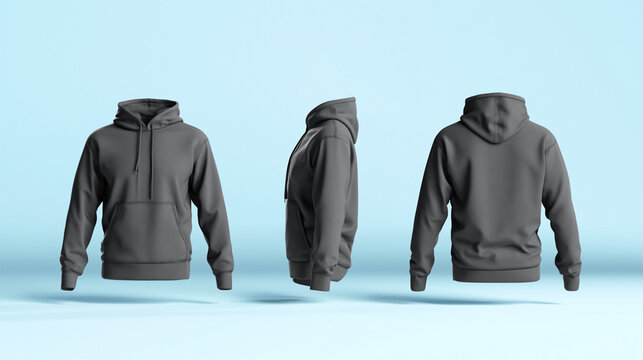 A gray hoodie displayed from multiple angles on a light blue background