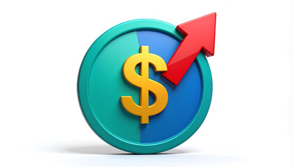 Obraz premium A vibrant, abstract graphic depicts a coin with a dollar sign and an upward-pointing arrow, symbolizing financial growth and positive trends.