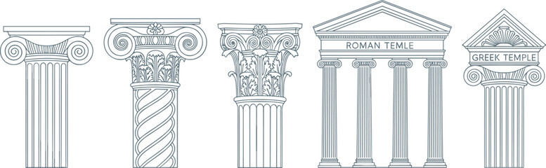 Naklejka premium Ancient Greek and Roman Temple Column Architecture Set with Ionic Doric and Corinthian Style Vector Illustration