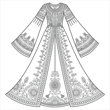 Black and white line of an ornate kaftan dress gown