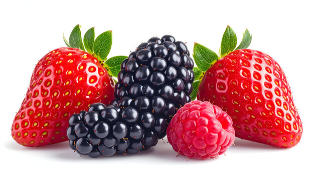 A vibrant still life showcases a cluster of fresh strawberries, blackberries, and raspberries against a clean white background, highlighting their rich colors and textures.
