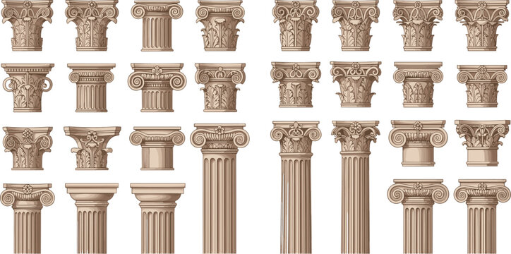 Detailed Ancient Classical Stone Column Capitals Collection with Ionic Corinthian and Doric Style Vector Illustration