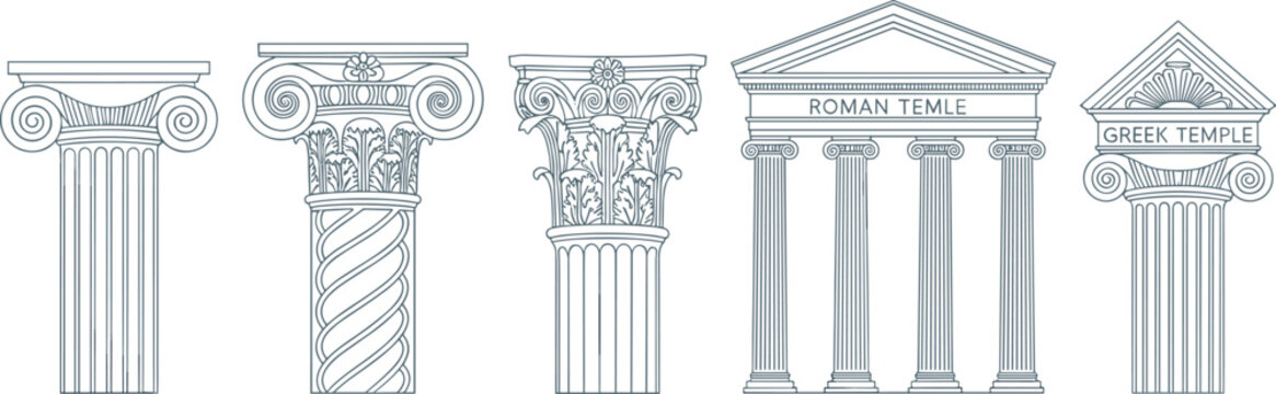 Ancient Greek and Roman Temple Column Architecture Set with Ionic Doric and Corinthian Style Vector Illustration