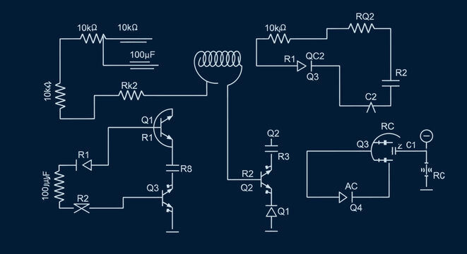 Complex electronic circuit diagram blueprint. Detailed electrical schematic with various components, high-tech engineering background.