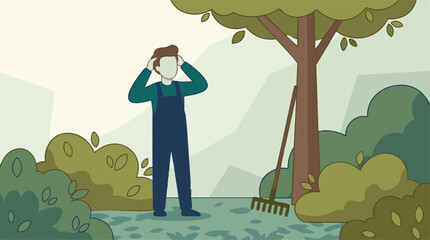 Frustrated man in overalls stands in a garden with a rake and fallen leaves © CANVAUX