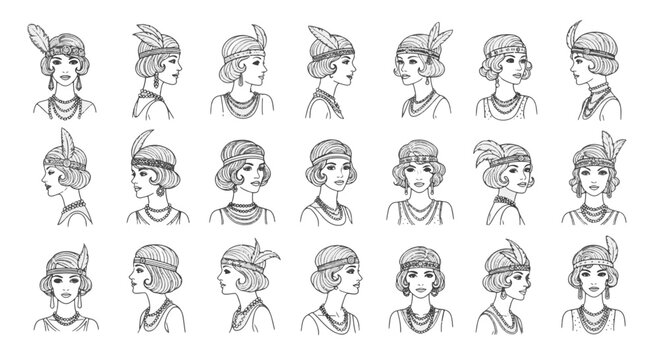 Set of Elegant 1920s Flapper Girls Wearing Beaded Headbands Pearl Necklaces and Feather Accessories Depicted from Various Angles