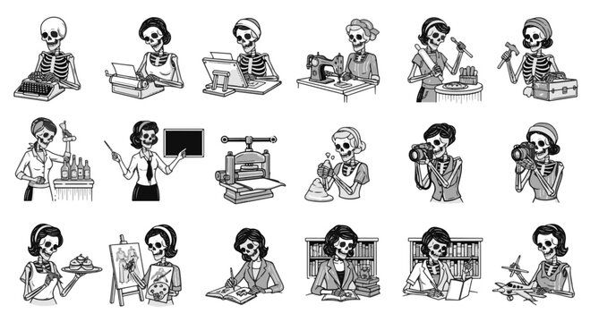 Skeleton Retro Girl Engaged in Various Creative and Professional Activities Day of the Dead Style