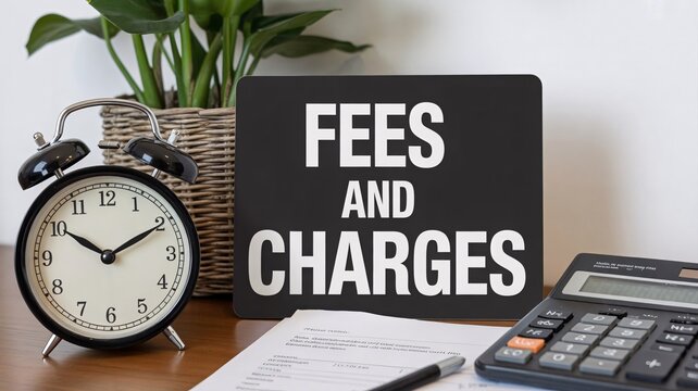 Business finance concept, fees and charges sign, office desk with calculator, clock and paperwork