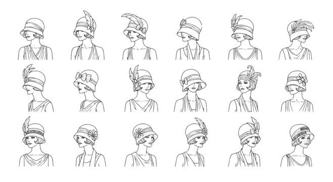 Collection of 16 Vintage Retro Girl Portraits with Cloche Hats