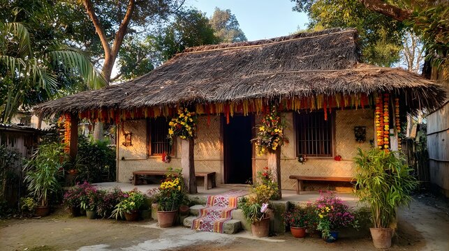 Assamese Village House Decorated for Bihu with Warm Festive Mood