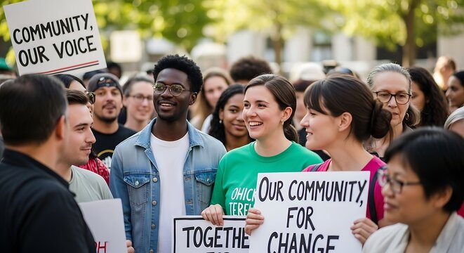 Diverse group of people holding protest signs for community change.