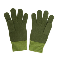Fototapeta premium Pair of green woolen gloves isolated on transparent background. Knit winter accessory for warmth in cold weather. Comfortable clothing for autumn or Christmas season. Seasonal apparel style.