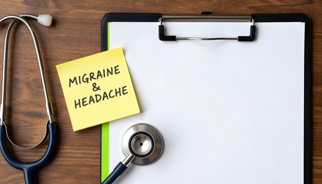 Purple ribbon on a clipboard with a stethoscope and notepad, symbolizing Migraine Awareness and solidarity for headache sufferers