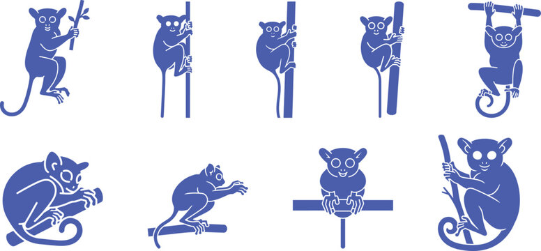 Set of purple stylized tarsier illustrations showing different poses and activities on branches Vector, illustration