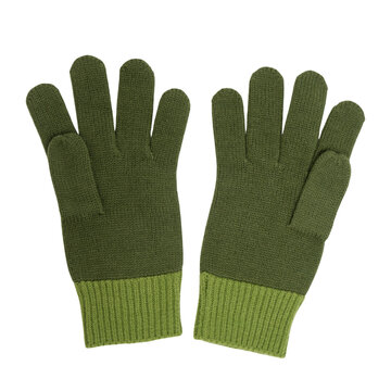 Pair of green woolen gloves isolated on transparent background. Knit winter accessory for warmth in cold weather. Comfortable clothing for autumn or Christmas season. Seasonal apparel style.