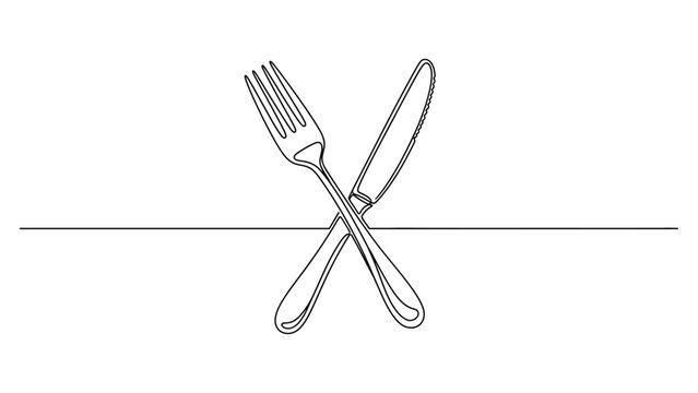 Minimalist continuous line drawing of crossed fork and knife. Continuous line style. Hand drawn. Line art. Vector design. illustration