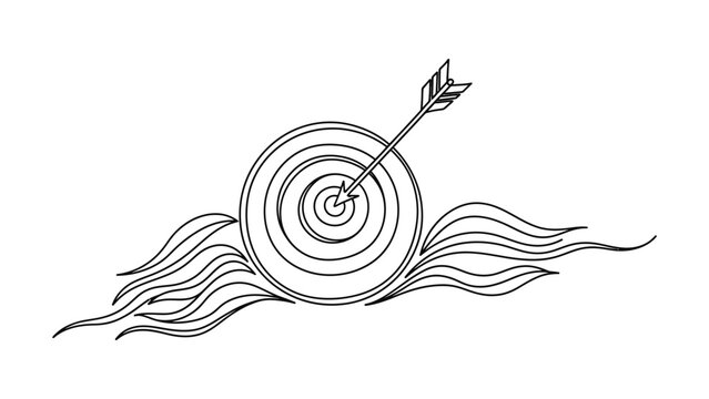 Line art illustration of a target with an arrow and stylized flames. Continuous line style. Hand drawn. Line art. Vector design. illustration