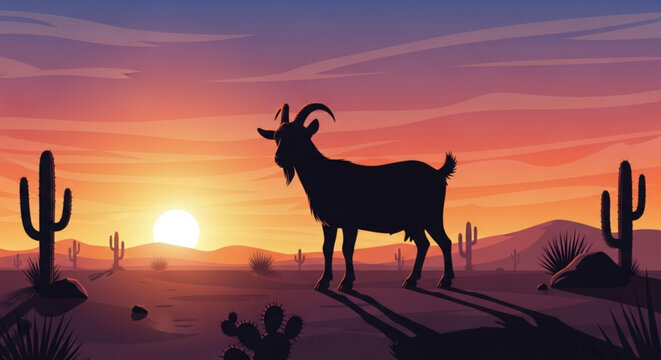 Silhouette of a goat standing in a desert landscape at sunset with cacti and mountains in the background vector illustration